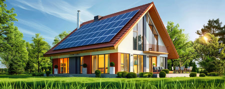 energy efficient house. Green house. beautiful private house with solar panels on the roofの素材