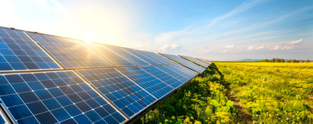 solar panels among the field. solar panels production of green environmental energy. close-upの素材