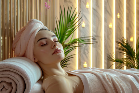 a young, beautiful girl takes spa treatments. relaxes with massage and self-care in spa roomの素材