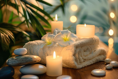 SPA concept. massage stones with towels and candles on a natural background. accessories for spa treatments. relaxation and self-care.の素材