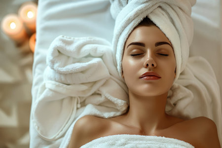 a young, beautiful girl takes spa treatments. relaxes with massage and self-care in spa roomの素材