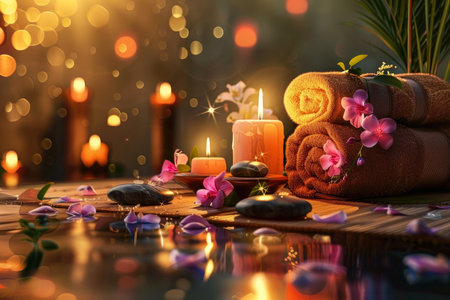 SPA concept. massage stones with towels and candles on a natural background. accessories for spa treatments. relaxation and self-care.の素材