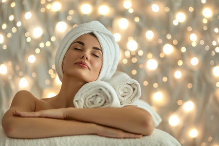 a young, beautiful girl takes spa treatments. relaxes with massage and self-care in spa roomの素材