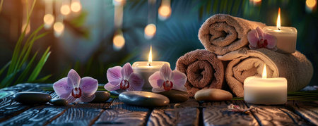 SPA concept. massage stones with towels and candles on a natural background. accessories for spa treatments. relaxation and self-care.の素材