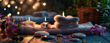 SPA concept. massage stones with towels and candles on a natural background. accessories for spa treatments. relaxation and self-care.の素材