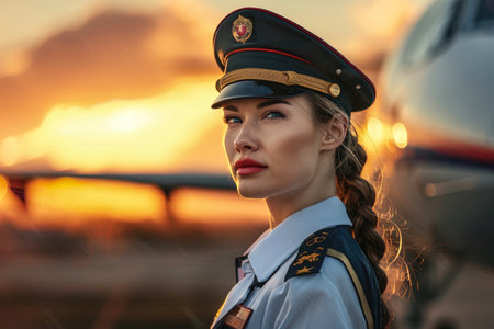 Attractive smiling female airplane pilot on the ramp, charming female private airline employee in uniform and capの素材