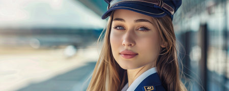Attractive smiling female airplane pilot on the ramp, charming female private airline employee in uniform and capの素材