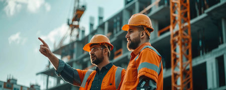 two male builders in hard hats and uniforms are discussing construction issues against the backdrop of a large construction projectの素材
