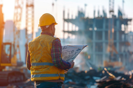 a male engineer or builder in a hardhat and uniform at a construction site holds blueprints in his hands against the backdrop of a large construction projectの素材