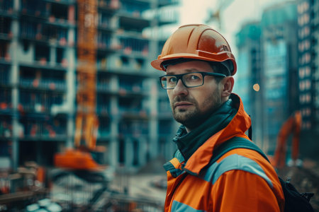 male builder in a helmet and uniform against the background of building a houseの素材