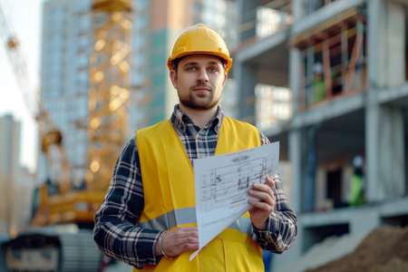 a male engineer or builder in a hardhat and uniform at a construction site holds blueprints in his hands against the backdrop of a large construction projectの素材