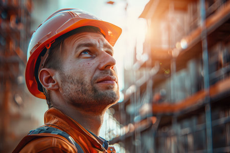 male builder in a helmet and uniform against the background of building a houseの素材