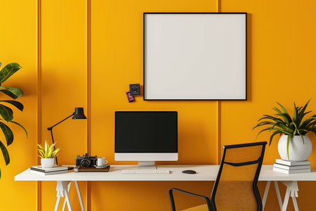 mockup frame. Poster mockup on home office wall in modern design in yellow color.の素材