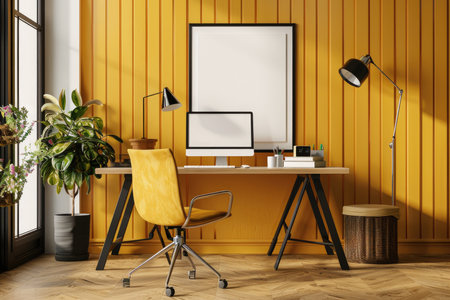 mockup frame. Poster mockup on home office wall in modern design in yellow color.の素材