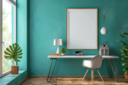 mockup frame. Poster mockup on home office wall in modern design in turquoise color.の素材