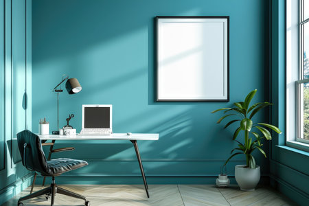 mockup frame. Poster mockup on home office wall in modern design in turquoise color.の素材