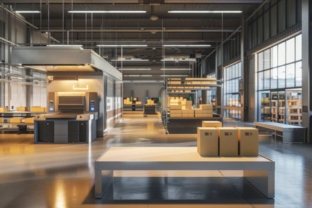 Postal office. A post office warehouse filled with cardboard boxes and parcels. A large warehouse with modernized equipment.の素材