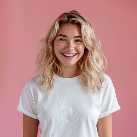 woman radiates the emotion of joy and happiness. young woman in a white t-shirt smiles and laughs on a pink background.の素材