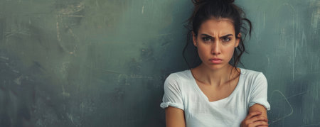 the woman radiates the emotion of anger. young woman in a white T-shirt is angry on a dark background. advertising poster or bannerの素材