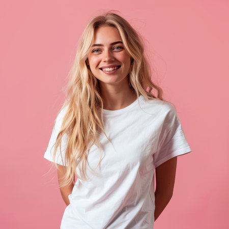 woman radiates the emotion of joy and happiness. young woman in a white t-shirt smiles and laughs on a pink background.の素材