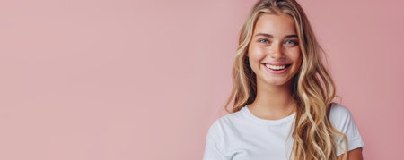 woman radiates the emotion of joy and happiness. young woman in a white t-shirt smiles and laughs on a pink background. advertising poster or bannerの素材