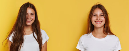 woman radiates the emotion of joy and happiness. young woman in a white t-shirt smiles and laughs on a yellow background. advertising poster or bannerの素材