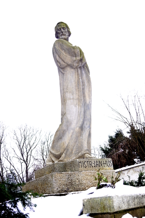 Jan Hus statue and white background - Jindrichuv Hradec, South Bohemiaの写真素材