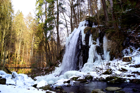 Winter waterfall and bridge - Tercino udoli, New Castle, South Bohemiaの写真素材