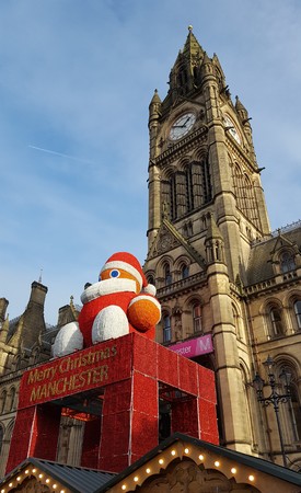 Manchester Town Hall entrance, decorated for Christmas Market.のeditorial素材