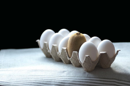 One kiwi among white eggs in a paper backingの写真素材