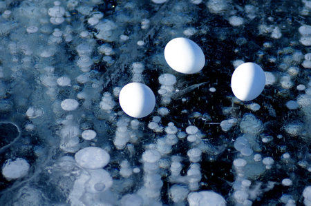 White eggs lie on the ice of Lake Baikalの写真素材