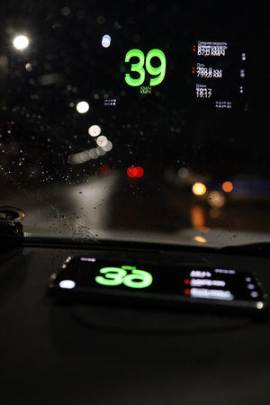 Projection of the navigator on the windshield of the car at night