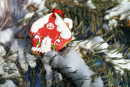 Gingerbread house on a pine branchの写真素材