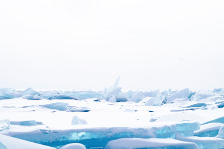 Hummocks under the snow on the ice of Lake Baikalの写真素材