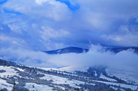 View of the Carpathian mountains covered with snow in a winter sunny frosty day