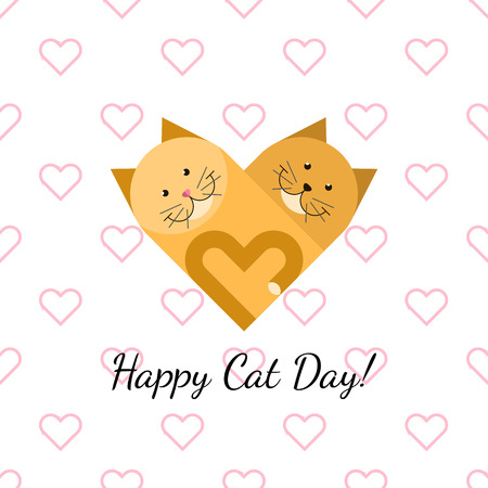 Happy cat day gift card with two red cats and pink heartsのイラスト素材