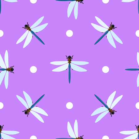 Vector seamless pattern with dragonflies and circles on lilac backgroundのイラスト素材
