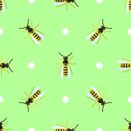 Vector seamless pattern with wasps and circles on green background.のイラスト素材