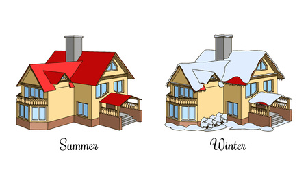 Set of two houses in summer and winter time. Cartoon cottage icon. Architectural building in different seasonsのイラスト素材