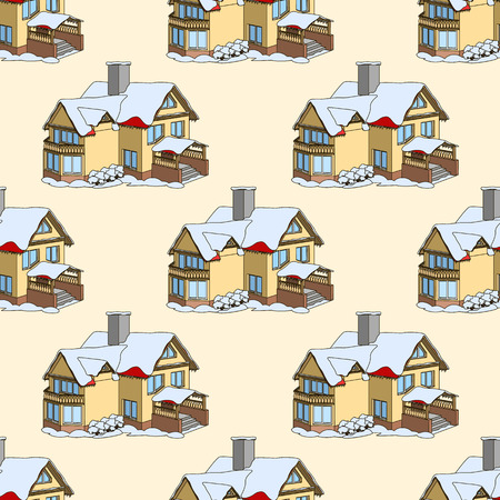 Vector seamless pattern with cartoon houses in winter time. Architectural backgroundのイラスト素材