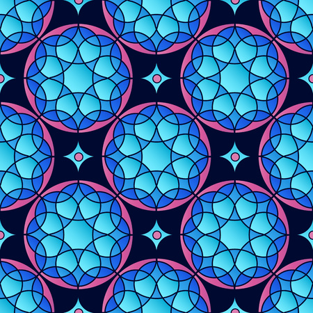 Vector seamless patern with ancient geometry circle ornates. Simple mandala in blue and pink colors.のイラスト素材
