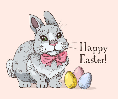 Hand drawn easter gift card with funny rabbit with the bow tie and easter eggs. Greate holiday.のイラスト素材