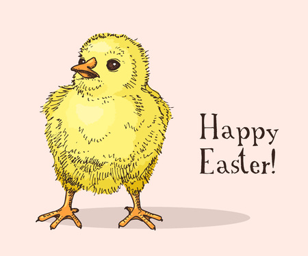 Hand drawn easter gift card with little chick. Greate holiday doodle vintage illustration with funny yellow birdのイラスト素材