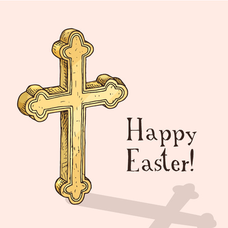 Hand drawn easter gift card with orthodox cross.  holiday doodle vintage illustrationのイラスト素材