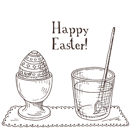 Hand drawn black and white easter gift card with painted egg and brush in the glass. Greate holiday doodle vintage illustrationのイラスト素材