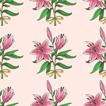 Hand drawn lily bouquet, beautiful pink flowers, spring symbol seamless pattern.のイラスト素材
