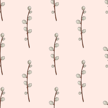 A Seamless pattern with hand drawn willow branches in the vase. Spring and easter symbol. Vintage doodle illustrationのイラスト素材