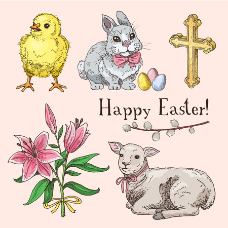 Set of hand drawn easter symbols: easter rabbit, little chick, lamb, cross, lily bouqet and willow branchのイラスト素材
