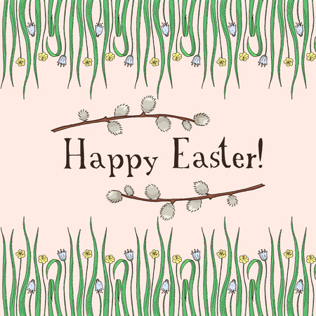 Hand drawn Easter gift card with grass with flowers and willow branches.のイラスト素材