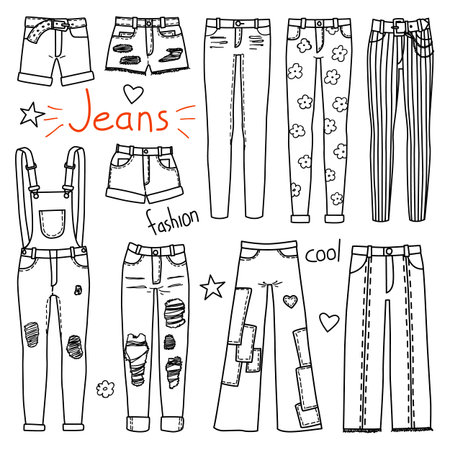 Set of hand drawn women clothes. Jeans. Fashion collection. Black and white doodle illustration.のイラスト素材